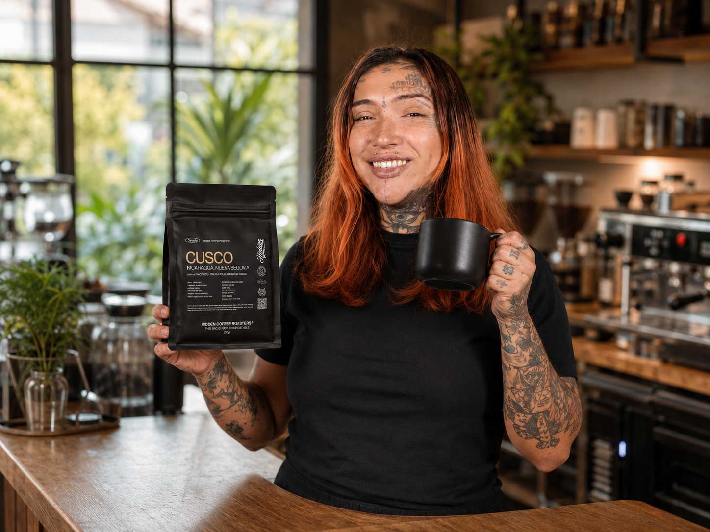 Cat mostrando un paquete de café de especialidad