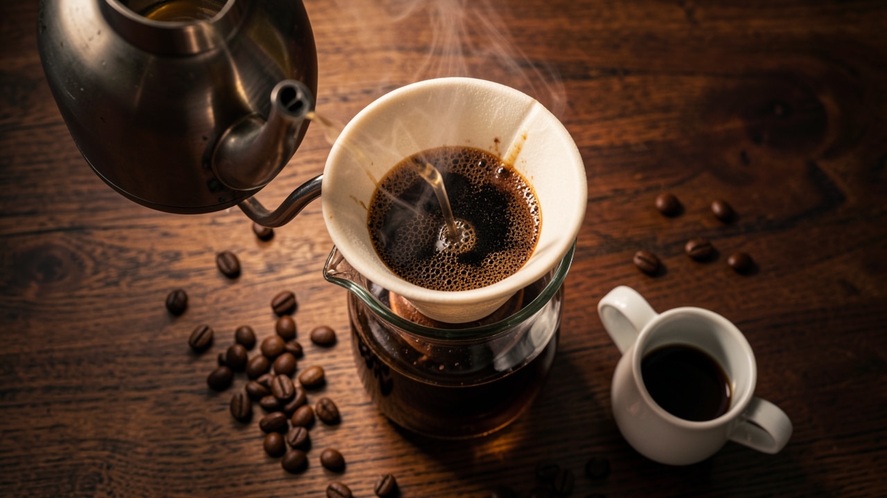 Detalle de un café filtrado preparado con V60 y granos de origen único en una mesa de madera