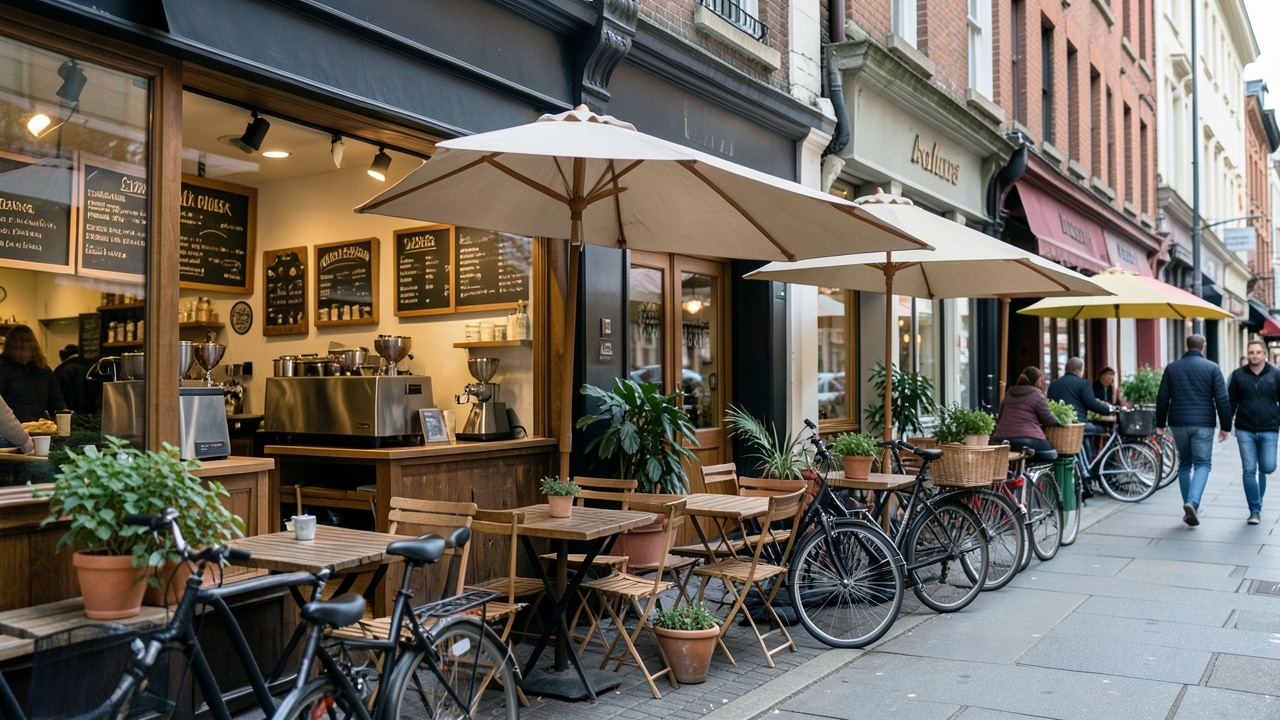 Vista de varias fachadas de cafeterías de especialidad en una calle urbana con ambiente de barrio