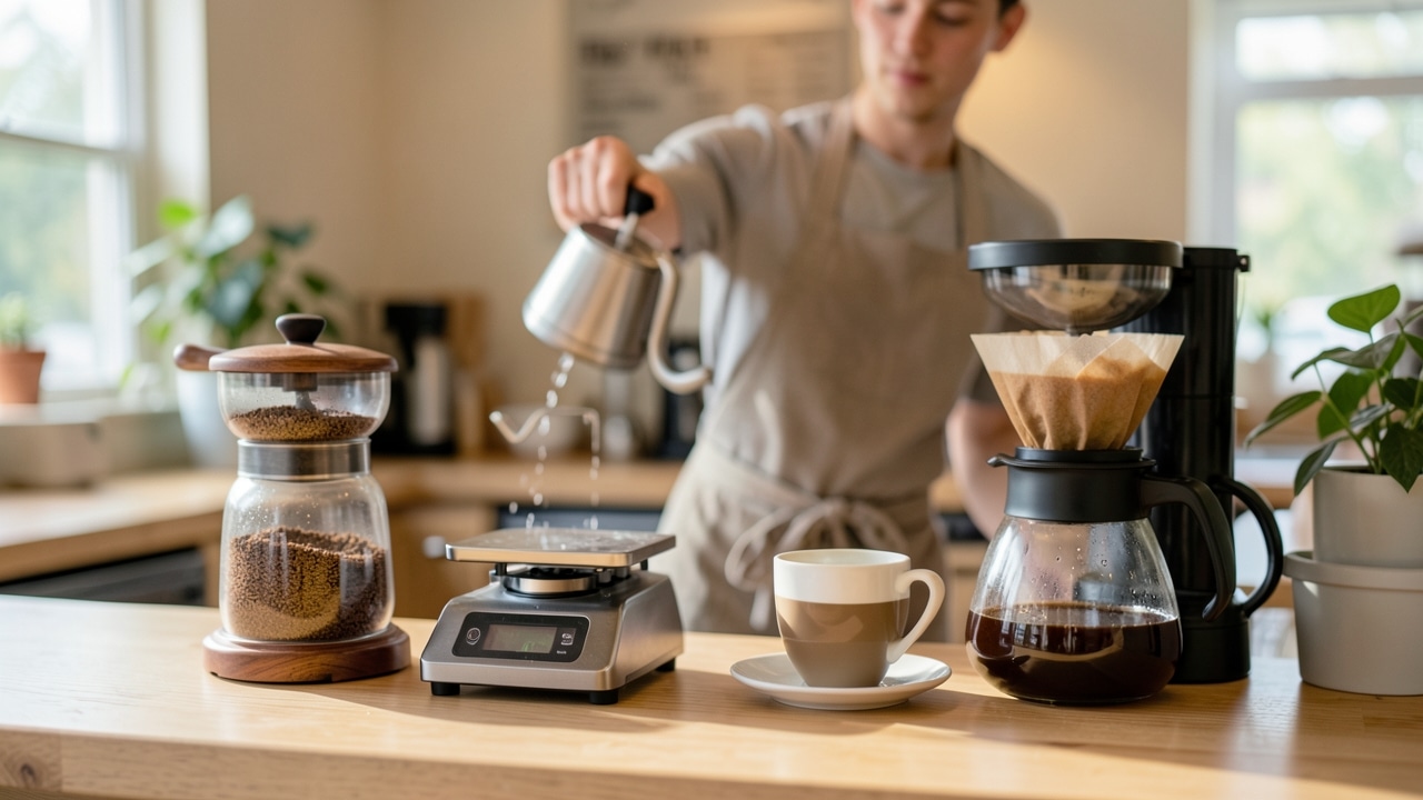Molinillo de café a la vista y métodos de filtro sobre la barra de una cafetería de especialidad